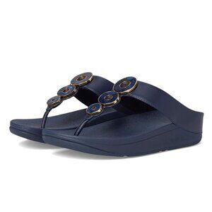 110$ FitFlop Fino Resin-Hoop Leather Toe-Post Sandals Women's Size 6 US Navy